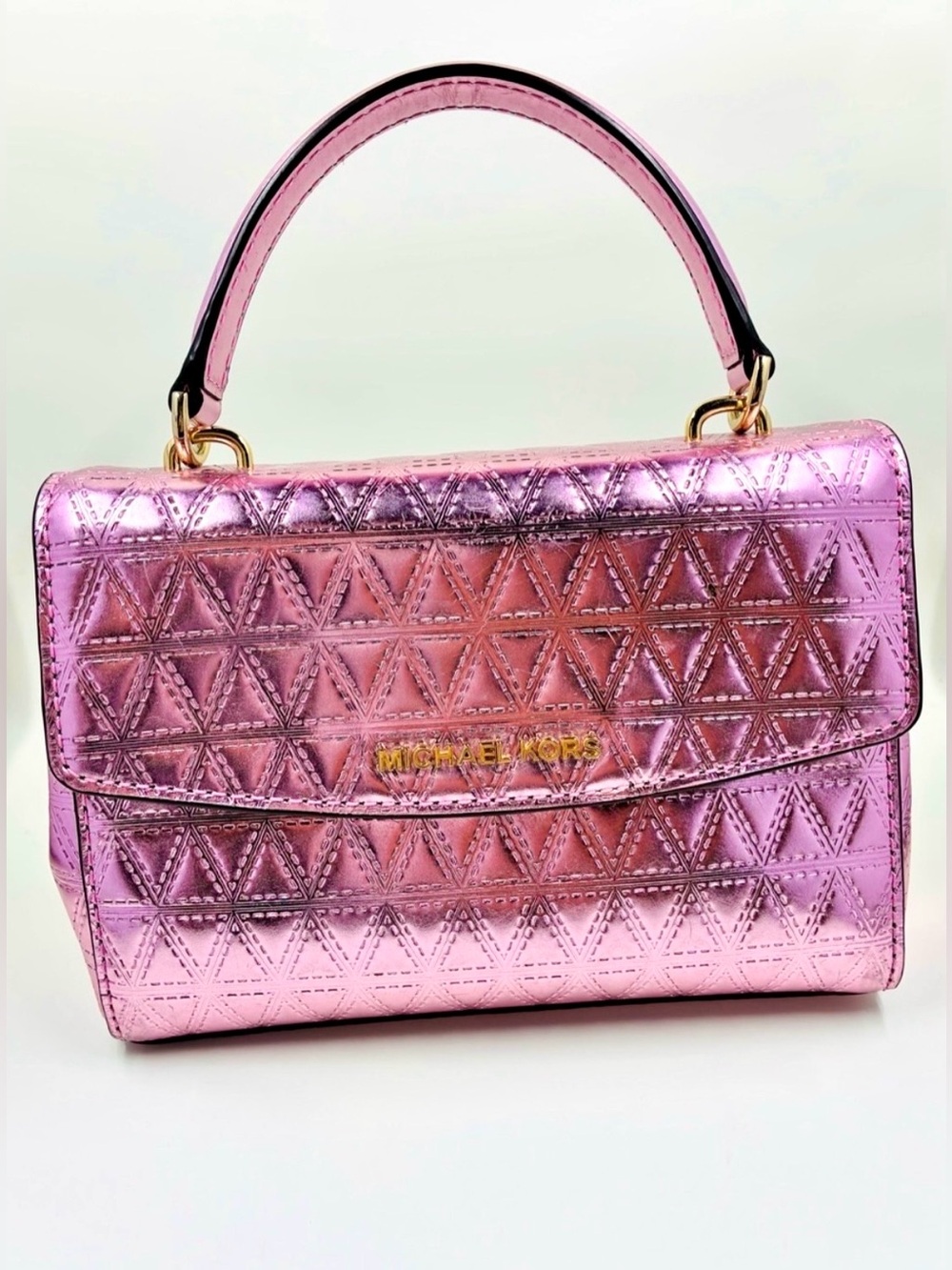 Michael Kors Pink Metallic Quilted Satchel Bag with handle. Shines!